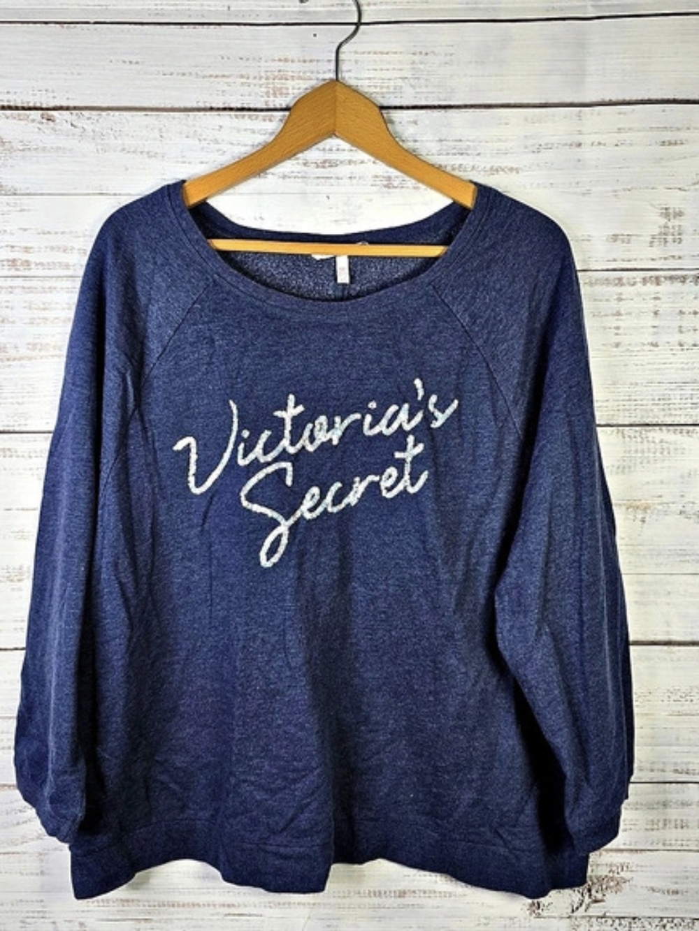 Victoria’s Secret Sequin Logo Navy Blue Raglan Sweatshirt Size Large
